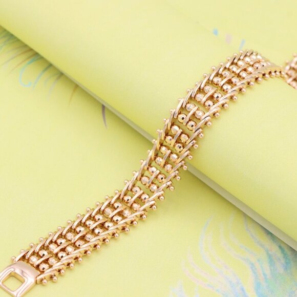 "Wide Rose Gold Plated Textured Bracelet with Elegant Bead Design, XPBL0891 - Picture 4 of 12